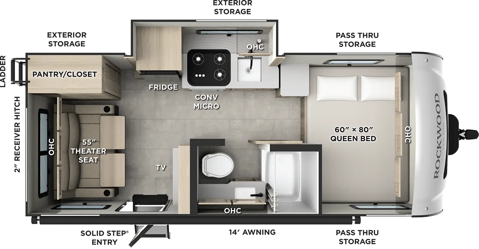 The Rockwood Geo Pro G19RL floorplan has one entry and one slide out. Exterior features include: fiberglass exterior and 14' awning. Interiors features include: front bedroom.